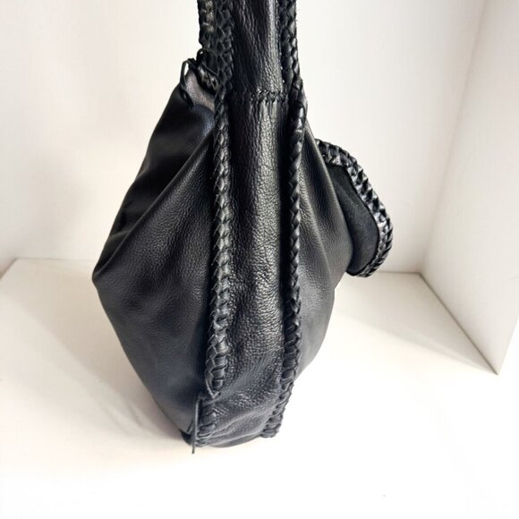 Vintage Black Leather Whipstitch Detail Slouchy Hobo Bag - Picture 9 of 12